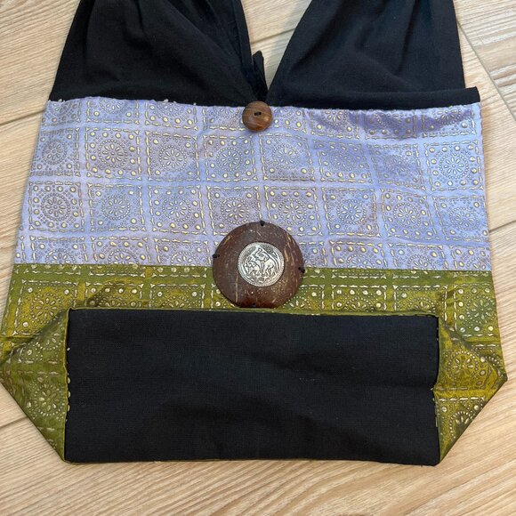 Artisan Thai Boho Bag Purple/green with black Cotton-strap Wooden Beads & Button - Picture 9 of 13
